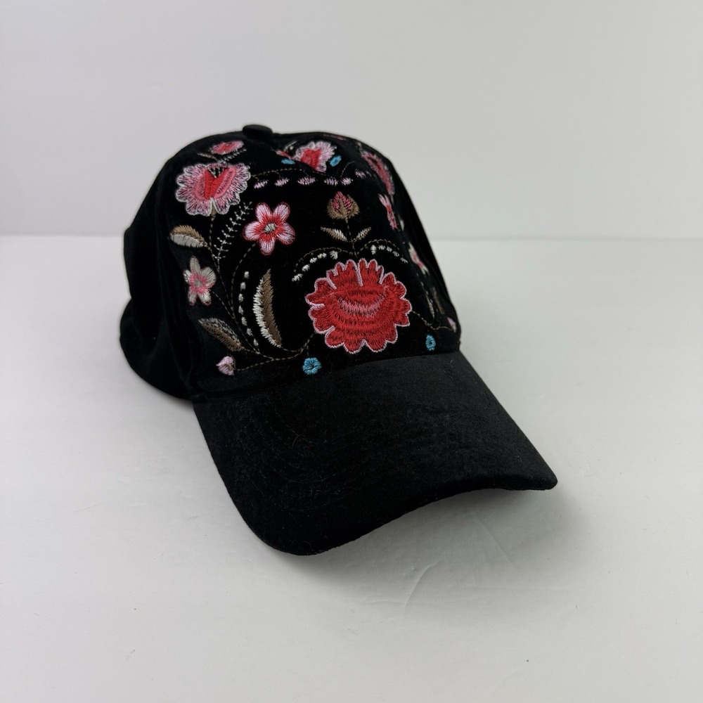 Charming Charlie Womens Baseball Hat Cap Black Velvet Embroidered Flowers Floral